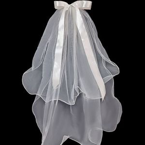 Short Bridal Veils for Wedding 2 Layers Bow Ribbon Veil with Comb White Tulle velos de novia