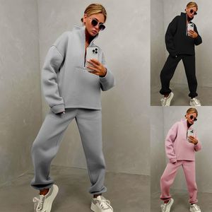 Designer Women's Fleece Tracksuit 2 Piece Outfit Half Zip Pullover Sweatshirt och joggers byxor Set Tracksuit Loose Sport Gym Hip Long Suit For Lady