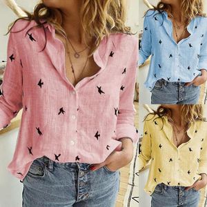 Blusas Femininas Outono Camisa Estampada de Pássaro Casual Feminina Gola Abatida Blusa Manga Comprida Tops Tops Femininos Escritório Senhora Slim Camisas