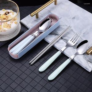 Dinnerware Sets 410 Stainless Steel Chopsticks Tableware Portable Fork Spoon Student Office Worker Three-piece Cute Storage Box Cutlery Set