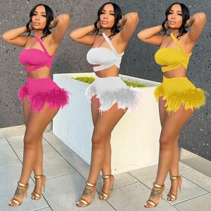 Abito Echoine Summer Women Solido Sexy Irregolare Bind Top + Pantaloncini di piume Set due pezzi Fresh Sweet Nightclub Sexy Party Skinny Outfit