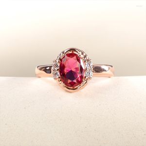 Cluster Rings Joiashome Open For Women Rose Gold Color Simple Oval Shape Ruby Red Stone Anniversary Wedding Fine Finger Jewelry Trendy