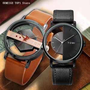 時計Tomi Creative Watch for Men 2023新しいスタイリッシュなスケルトンダイヤル半分透明な腕時計ユニークな女性ブレスレットシンプルなreloj hombr