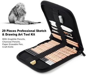 Pencils 29 Pieces Professional Art Supplies Kit with Graphite Pencils Charcoal Pencils Paper Erasable Pen Craft Knife Zipper Carry Case