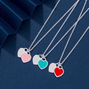 Designer Brand Tiffays Enamel Double Heart Necklace Gold Blue Pink Red Shaped Collar Chain Light Luxury Pendant