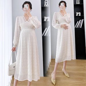 Dresses 2022 New Maternity Dress Casual Solid Lace Vneck Long Elegant Vestidos Spring Summer Clothes for Pregnant Women Loose