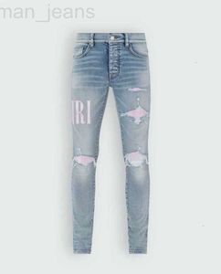 Herr jeans designer designer split denim byxor mens smala fit casual hip hop knappbyxor män elastiska kvinnors hål slim lila jean true lnn3