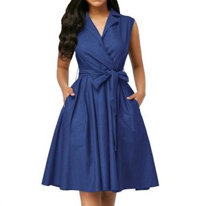 Women Dresses Sleeveless Notched Solid Navy Blue With Bow Sashes Summer A-line Beach Office Dress Plus Size 5XL Party Vestidos 210611