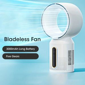 3000mAh Bladeless Tower Fan Floor Standing Fans 5-växlad justerbar skrivbord Summerkylningsfläktbord Fans USB-uppladdningsbar för Baby Mute Fan Cooler Air Conditioner