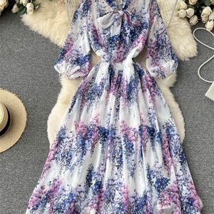 Sommer Urlaub Runway Flowy Chiffon Kleid Frauen Fliege Laterne Hülse Floral Print Elegante Damen Midi Party Vestidos 220526