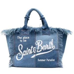 旅行大容量女性バッグ新しい手作りのタッセルハンドバッグファッションプリントデニムトートバッグ