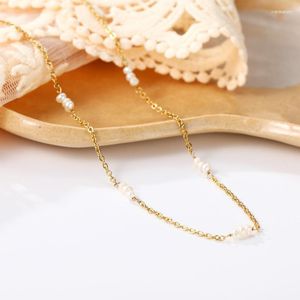 Chains ANEEBAYH Minimalist Natural Pearl Gold Plated Thin Chain Stainless Steel Necklace Waterproof Fashion Wedding Jewelry Women