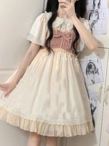 Casual Dresses Kawaii Lolita Style 2 PCS Fairy Women Dress Shirt Summer Square Collar Kort ärm Sling Loose Patchwork Vintage Ladies