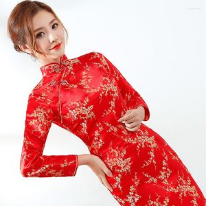 Vestuário étnico Vermelho Chinês Noiva Vestido de Noiva Sexy Feminino Cetim Manga Longa Festa Noturna Qipao Cheongsam Floral Formal Vestidos Sociais