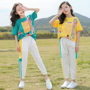 Clothing Sets Girls Summer Short Sleeve Shirts Full Length Pants 2pcs Baby Boys Teen Sports Suits 4 6 8 10 12 Year Kids Clothes 230626