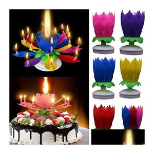 Decorazione per feste Candela di compleanno musicale Candele magiche di fiori di loto Blossom Rotating Spin 14 Bacchette per bambini Cake Topper H Dhqp2