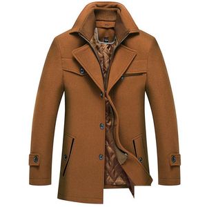 Misto lana da uomo Inverno Cappotto caldo spesso da uomo nuovo Cappotto doppio collo Moda Casual Slim Trench da vino rosso Cappotto da uomo di marca 201126 Dro Dhwev