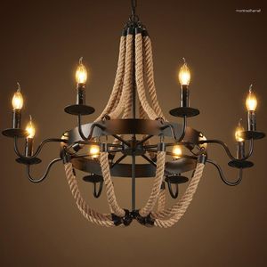 Pendant Lamps Round Chandelier With Seeded Glass Shade Rope And Metal Six Decorative Lighting Fixture Retro Rustic Antique Ceiling Lam