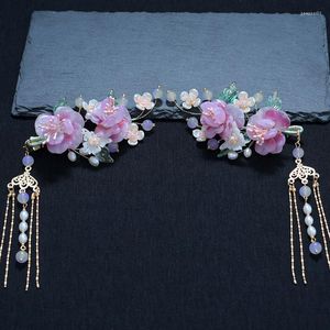 Hair Clips Pearl Tassel Pink Purple Flower Hairpin Cheongsam Glass Sticks Head Wear Wedding Accessories