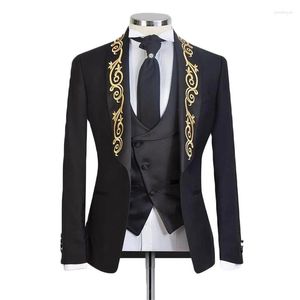 Herrkopplingar guld appliced ​​costume homme svart smala fit män 3 datorer bröllop tuxedos brudgum prom terno masculino blazer jacka byxväst