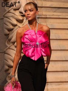 Women's T-Shirt DEAT Fashion Women's Short Tank Tops Camisole Stereoscopic Flower Sleeveless Bandage Backless Pink Vest Spring 2023 New 17A6322 J230627