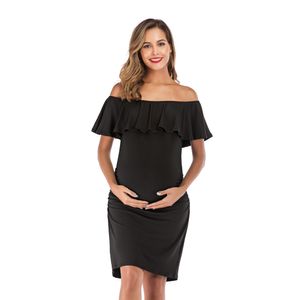 Linha feminina Pescoço de cor sólida Midskirt Maternity Dress