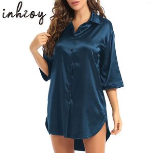 Kvinnors sömnkläder Kvinnor Satin Nightgowns Silk Sleep -shirt Button Down Sleep Dress Långärmad pojkvän Hass krage