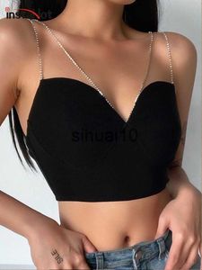 Camiseta Feminina InstaHot Sexy Alça Espaguete Cami Slim Cropped Top Feminino Verão Casual Sem Costas Skinny Preto Streetwear Camisola Sem Mangas J230627