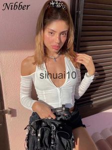 T-shirt da donna NIBBER Elegante sexy con scollo a V Top in rete Estate Donna See through Off senza spalline Crop Top 2021 Club Party Tee shirt Mujer J230627