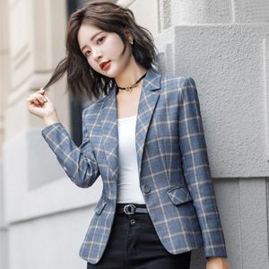 Jacken Frauen Fashion Office Wear Check Blazers Coat Spring Jackets One Buttle Vintage Langarmtaschen weibliche Oberbekleidung Chic Tops