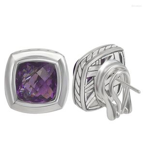 Stud Earrings 11mm Cushion Cut Purple CZ Stylish Chic 17mm Square Studs For Women Trendy White Gold Plated Jewelry