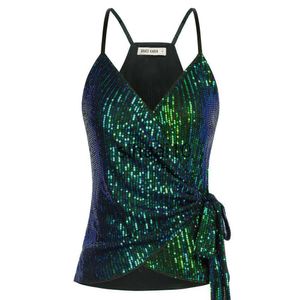 Women's T-Shirt GK Women Shiny Sequined Camisole Club Party Sparkle Spaghetti Straps Tops Lady Cami Wrap V-Neck Tank Tops Sleeveless Peplum Top J230627