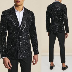 Erkek Takım Elbise Erkek Siyah Erkek 2 Parça Parlak Payetler Blazer Pantolon Kruvaze Modern Düğün Damat Resmi Çalışma Partisi Nedensel Kişiye Özel