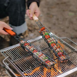 BBQ Grills Portable Grilling Basket Rostfritt stål Nonstick Barbecue Grill Tools Mesh för kötthamburgare 230627