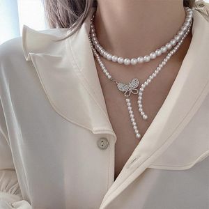 Pendant Necklaces Origin Summer Double Layer Pearl Butterfly Necklace For Women Exquisite Beaded Rhinestone Jewelry Wholesale