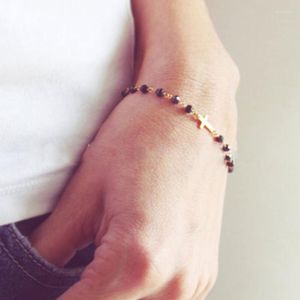 Charm Armband Fashion Design Rosary Style Sideways Cross Armband Black Beads Gold Color Chain for Women Girls