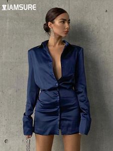 Casual Dresses IAMSURE Solid Satin Shirt Dress Elegant Fashion Office Ladies Turn-Down Collar Long Sleeve Mini For Women Autumn 221119
