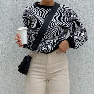 Women's Sweaters 2023 Trendy Street Water Ripple Pattern Black Knitted Tops Women Long Sleeve O Neck Loose Pullover Sweater Casual Knitwear