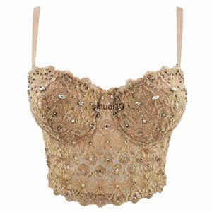 T-Shirt da donna Luxury Night Club Sexy Corsetto dorato Strass Camis Mujer Bustier Perline Pizzo Debardeur Donna Binder Corsetto Top Reggiseno aderente J230627