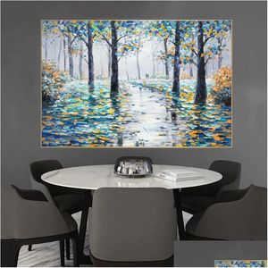 Gemälde Baum Messer Malerei Öl auf Leinwand Drucke Wandkunst Bilder für Wohnzimmer Home Decor Waldstraße Landschaft Cuadros Drop D Dhjbc