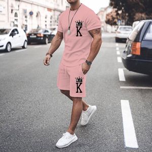 Herren Trainingsanzüge Rosa T-Shirts Sets Crown K Design Druck Einfarbig Sommer Outfits 2 Stück Übergroßer Kurzarmanzug für Männer 230627