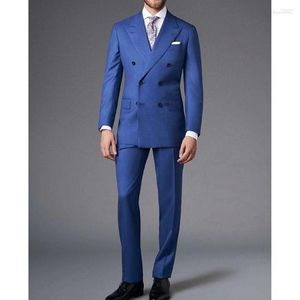 Mäns kostymer Men 2023 Blue Peaked Lapel For Men Business Casual Formal Costume Homme Double Breasted Slim Fit 2 PCS Set Jacket Pants