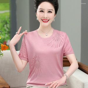 Kvinnor Bluses Women 2023 Summer Fashion Ice Silk Knit T-shirt Kvinnlig SHORT SLEEVE LOOK LADER Middålålders tunna bottentröjor Q184