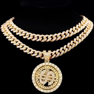 Pendant Necklace Hip Hop Rotatable Pendant with Cuban Chain Choker Diamond Necklace Men Women Ice Crystal Coin Jewelry