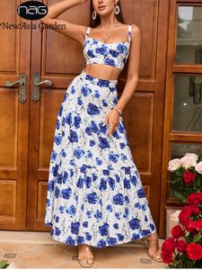 Abito a due pezzi Asia Summer Floral Long Skirt Set per le donne Sexy Top a canotta a taglio basso e Empire Slim Vacation Beach Set coordinati 230627