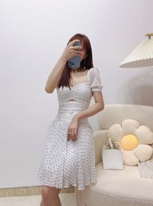 Auth S-elf Portrait polka dot pleated small sexy open waist short sleeved dress with small foreign outfit and belt for free