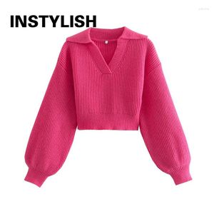 Women's Sweaters Women Polo Neck Sweater Elegant Vintage Lapel Knitted Crop Tops Autumn Pullover Harajuku Chic V Jumpers Feamle Clothes