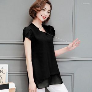 Kvinnors blusar 2023 Summer Middle Aaged Women Short Sleeve O-Neck Blouse Topps Female Chiffon Fashion Milk Silk Slim Loose Elastic Shirt W34