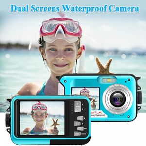 Câmeras digitais Snorkeling Full HD 2.7K 48MP Gravador de vídeo Selfie Telas duplas 10 pés 16X zoom Câmera à prova d'água debaixo d'água