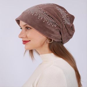 Gorros outono e inverno chapéu de veludo fashion cor sólida strass quente feminino